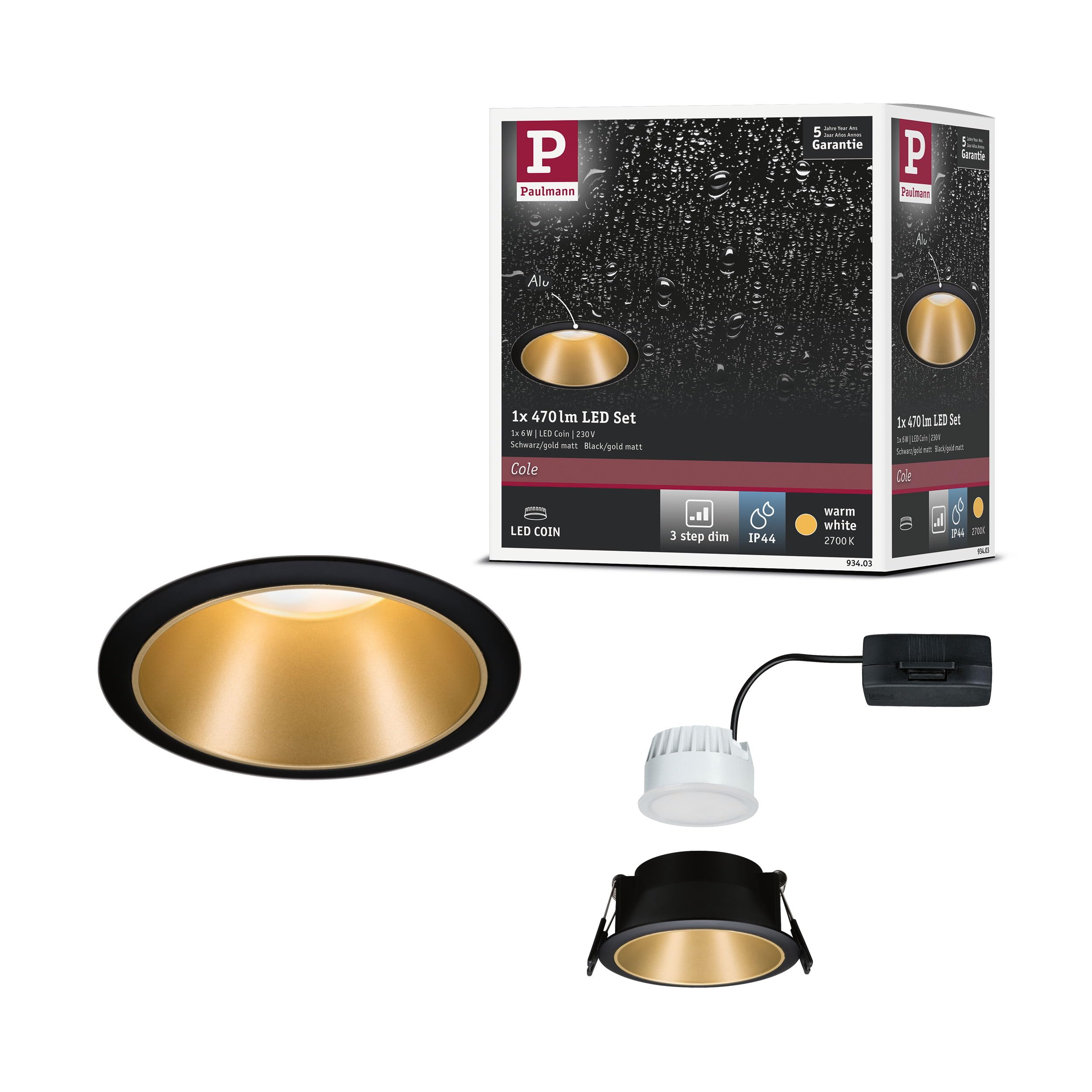 Paulmann 93403 LED Cole recessed luminaire Round incl. 1x6.5 watt dimmable recessed Spotlight Black, Gold matt recessed lamp Plastic, Aluminium zinc Ceiling spot 2700 K