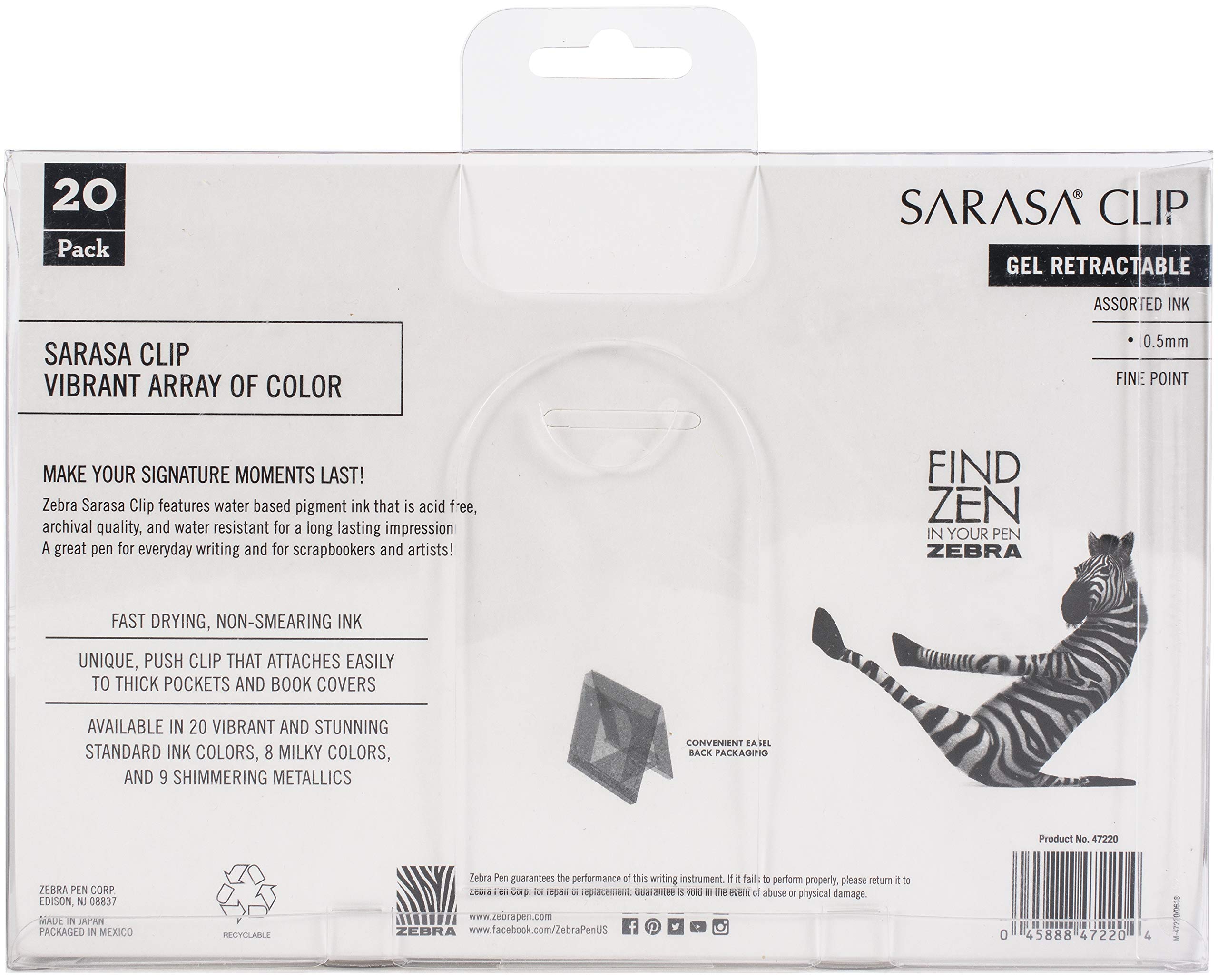 Zebra Pen Sarasa Clip Retractable Gel Pen, Fine Point, 0.5mm, Rainbow Assorted Colors, 20-Pack (47220)