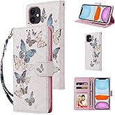 UEEBAI Wallet Case for iPhone 11 6.1 inch, PU Leather Phone Case Kickstand RFID Blocking Flip Case with Card Slots Wrist Strap Relief Engraved Pattern Magnetic Closure Folio Case - Blue Butterfly