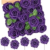 N&T NIETING Artificial Flowers 50pcs Real Looking Dusty Purple Foam Fake Roses with Stems for DIY Wedding Bouquets Bridal Shower Centerpieces Arrangements Party Tables Decorations