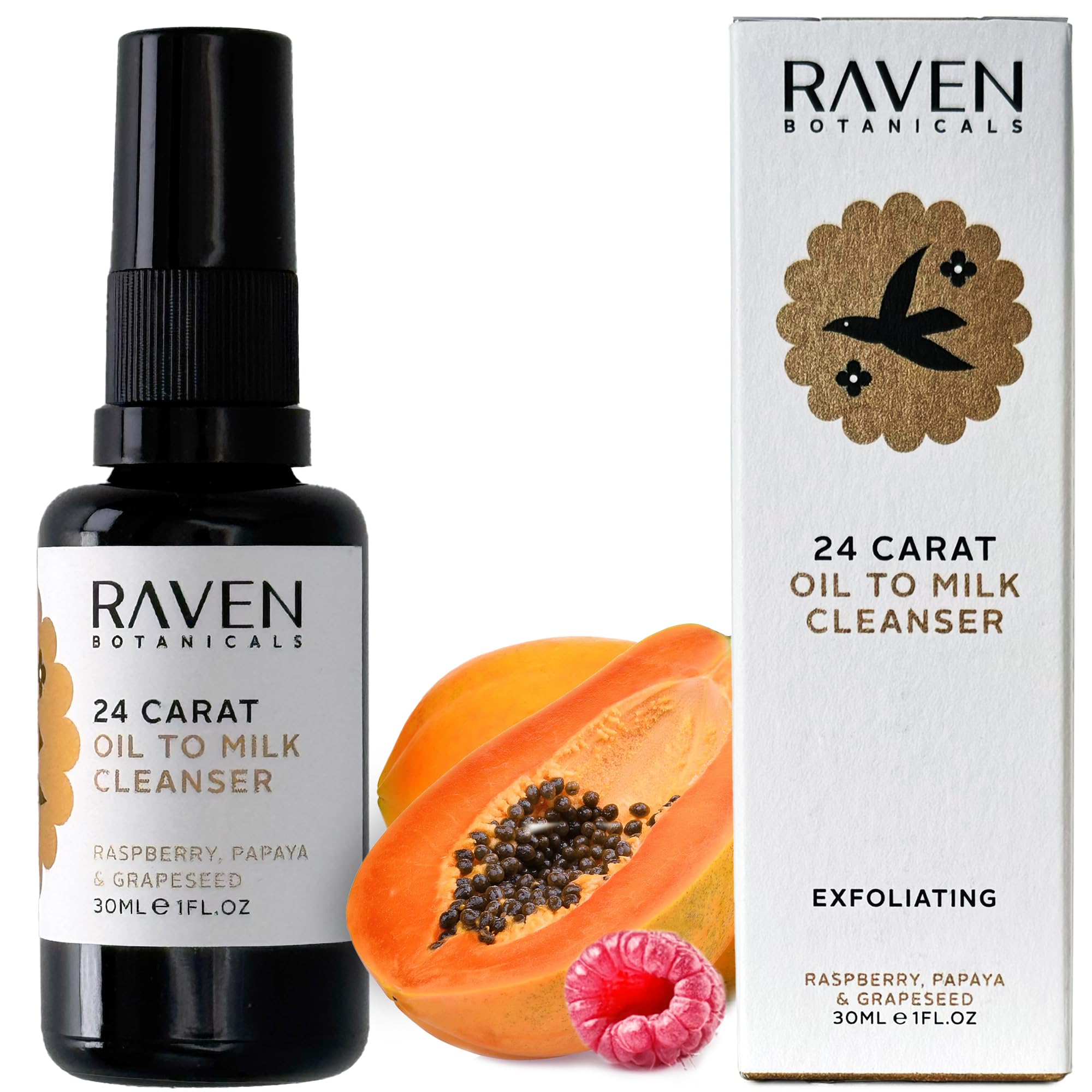 Raven Botanicals - 24 Carat Oil to Milk Cleanser - Gentle Exfoliating Formula - Vegan, Cruelty-Free, Preservative-Free, All Natural Ingredients, Papaya & Raspberry Enzymes for Radiant Skin (30ml)