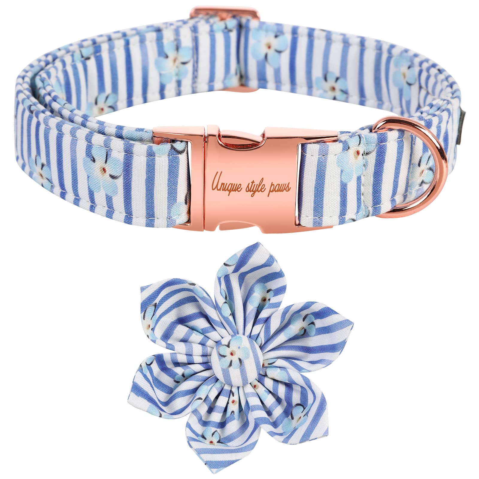 Unique style paws Dog Collar with Flower Tie Blue Strip &Flower Puppy Collar Comfy Soft Bowtie Dog Collar Best Gift for Small Medium Large Dogs-XS