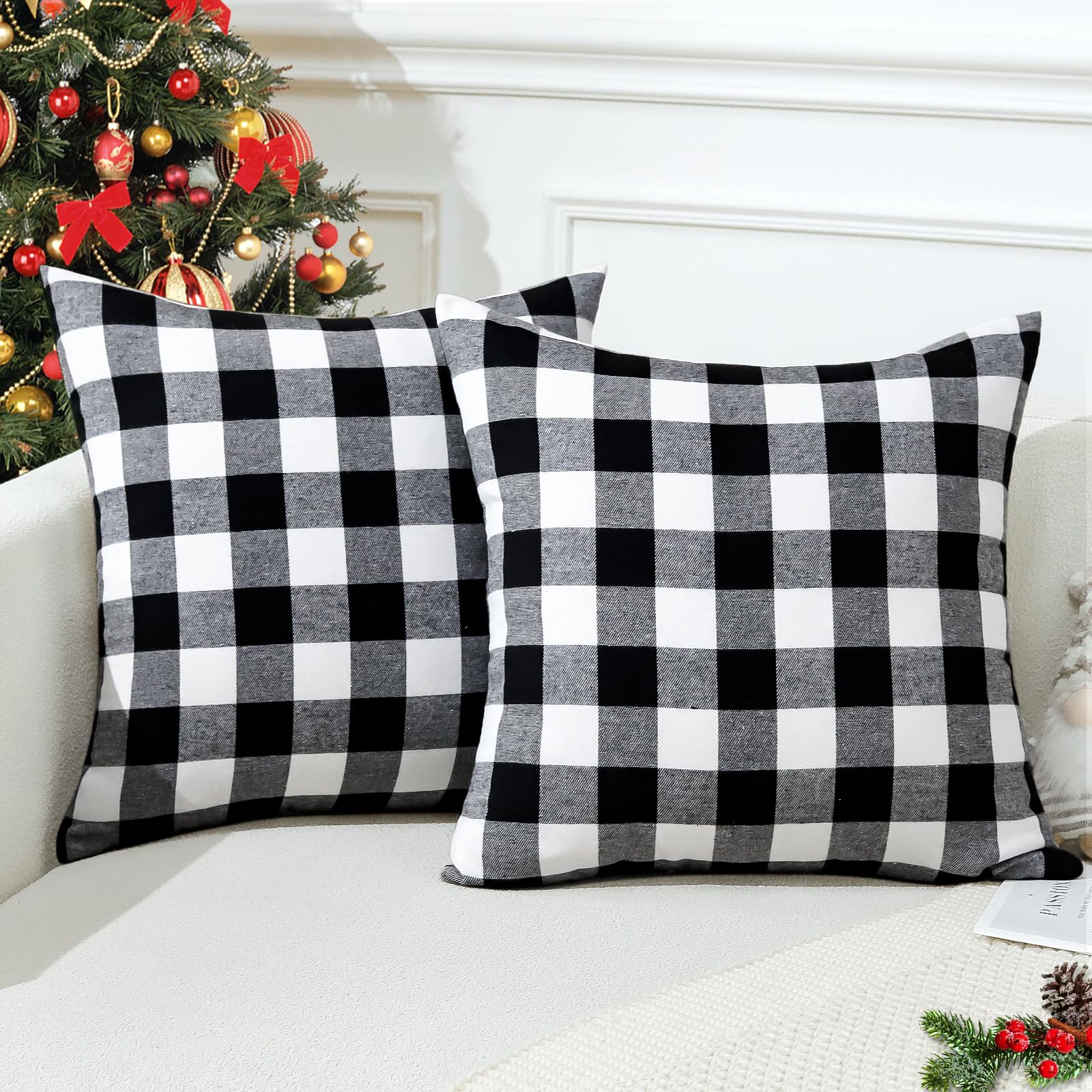 JOTOM Christmas Plaids Tartan Linen Throw Pillow Covers Buffalo Check Plaids Cushion Cover for Home Sofa Car Decorative Pillowcases Set of 2 50 x 50cm (Black and White)