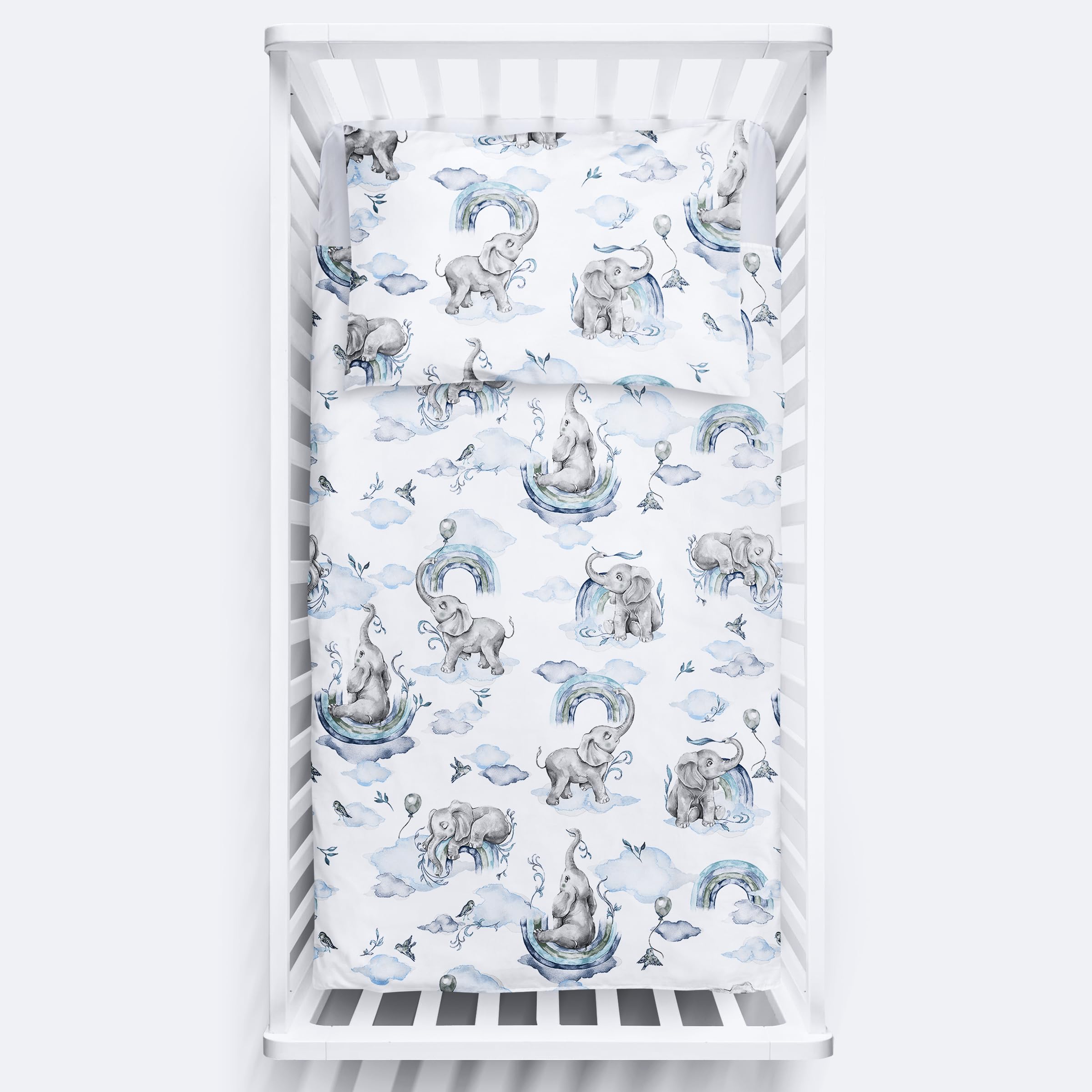 2 Piece Baby Kids Bedding Set 120x90 cm Duvet Cover & Pillowcase for Toddler Cot 12M+ (Blue Elephants)