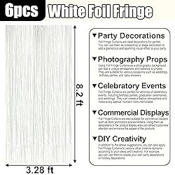 6 Pack White Foil Fringe Curtain Backdrop, 3.28Ft x