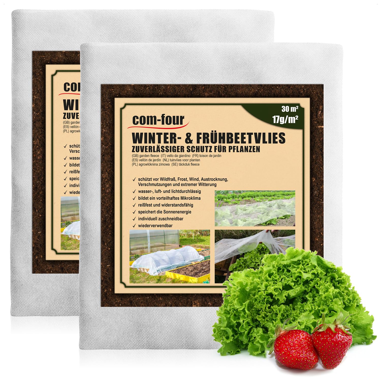 com-four® 30 m² cold frame fleece - 17g/m² winter fleece as frost protection - covering fleece 1.5 x 10 m - tear-resistant raised bed fleece for vegetables, fruit trees (.30m²-17g/m²)