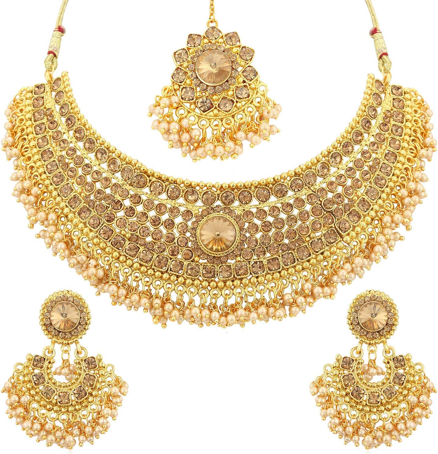 DALUCI Wedding & Engagement Gold Plated Traditional Jewellery Necklace Set with Earring and Mangtika for Women & Girls