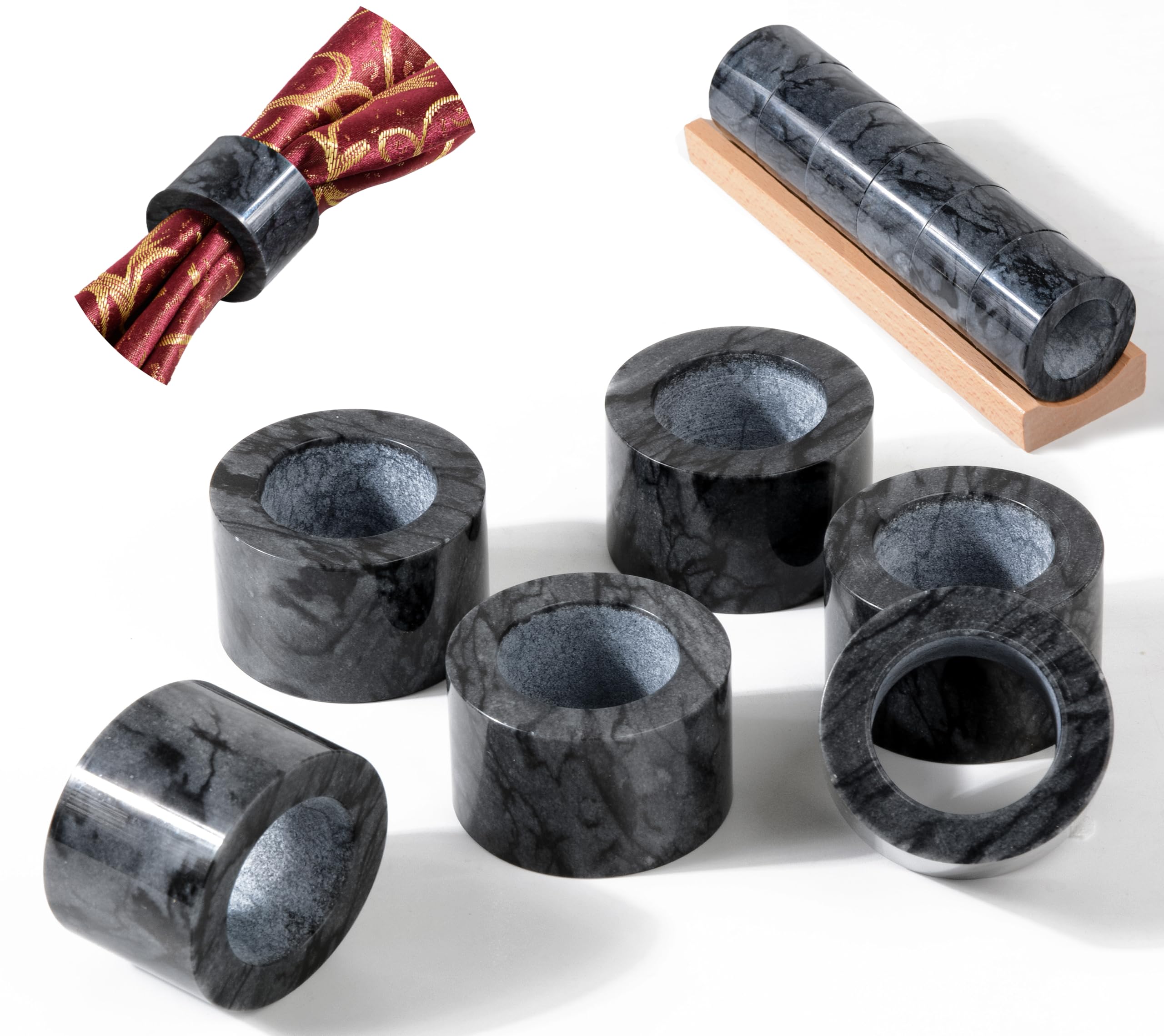 GMYIAK 6Pcs Marble Napkin Holder and 1Pcs Bracket,Napkin Ring,Napkin Holder,Round Napkin Rings,Modern Napkin Ring Decorative Rack Organiser for Kitchen,Dining Room,Hotel Table Countertop (Black)