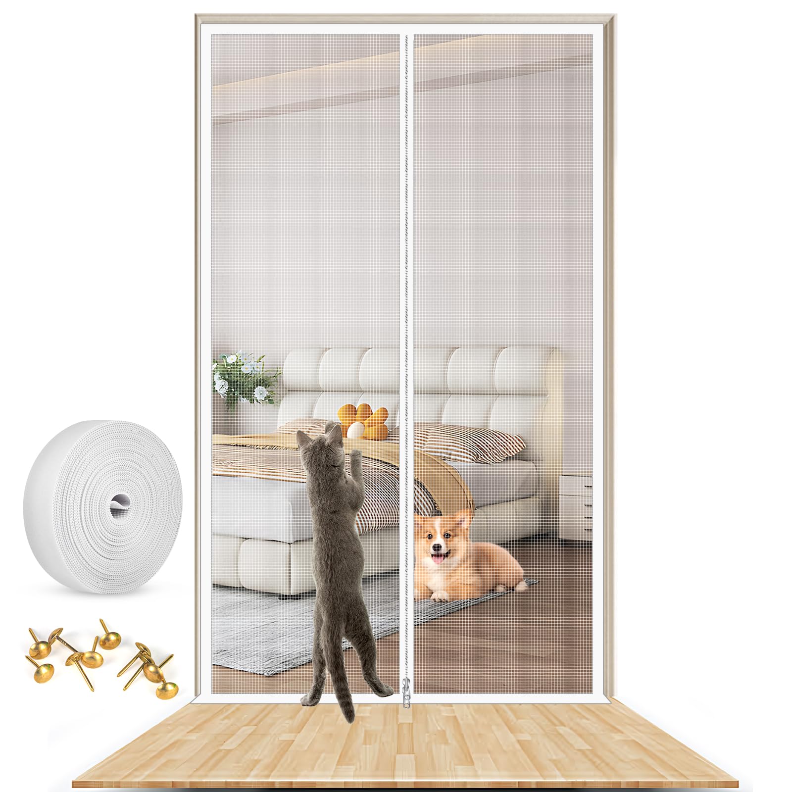 Cat Door Screen, Door Fly Screen Curtain 80X200CM, Heavy Duty Anti Mosquito Fly Curtain Pet Screen Door with Zip Prevent Dogs Cats Running Out from Home, Cat Screen Mesh for Door Size 76X196CM