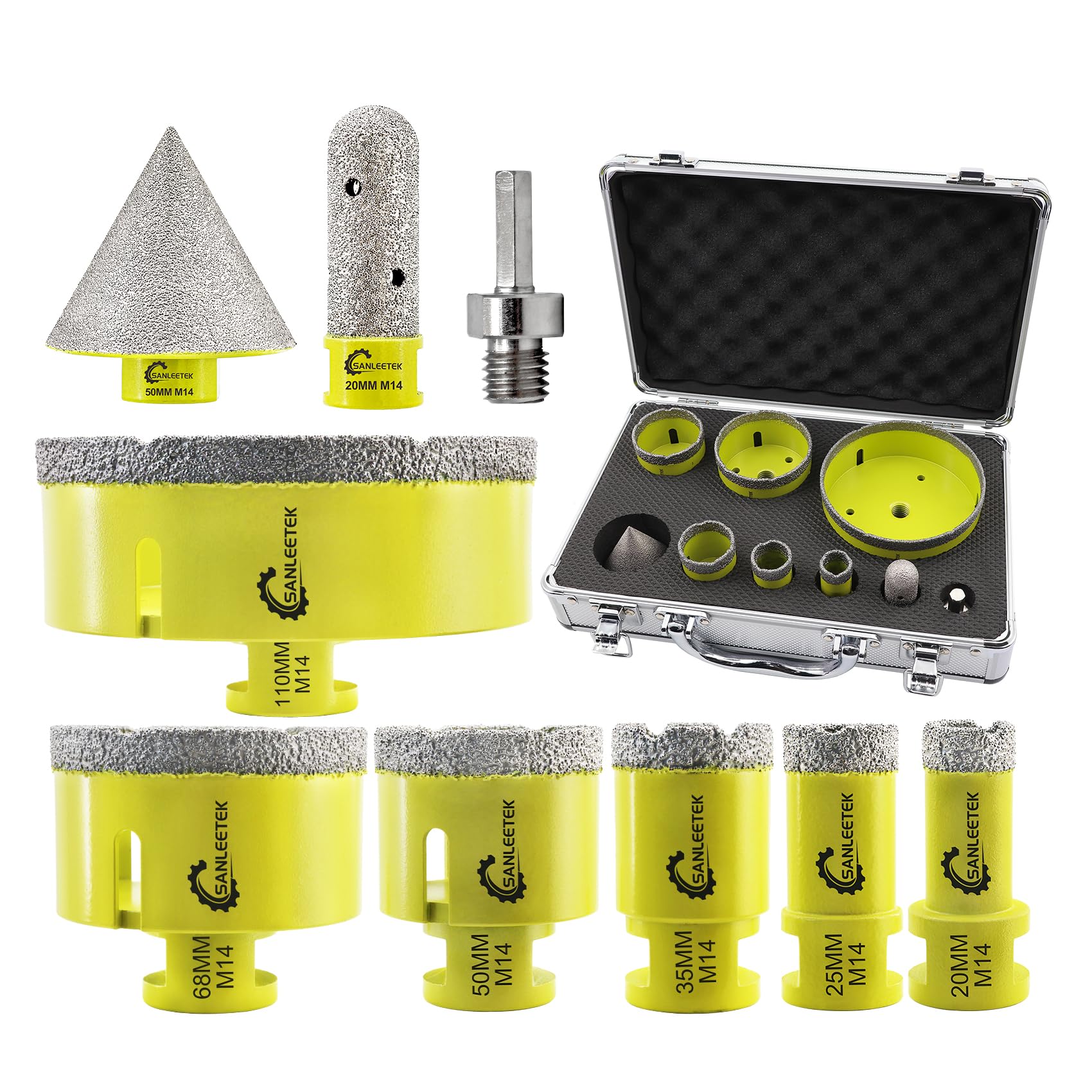 SANLEETEK Tile Hole Saw Kit - Diamond Core Drill Bits Set 9pcs (20/25/35/50/68/110mm+20mm Finger Bit+50mm Beveling Chamfer Bit+Hex Adapter) for Porcelain Tile Ceramic Marble Granite with M14 Thread
