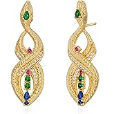 OSIANA Snake Dangle Earrings for Women, 14K Gold Plated Serpent Drop Design with Multicolor Cubic Zirconia Handmade Jewelry Bold Sparkling