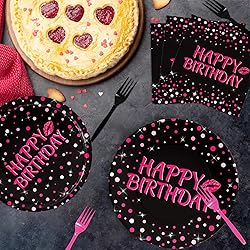 Grencian 96Pcs Hot Pink and Black Birthday Party
