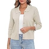 Imimtuan Women Summer Casual Cropped Cardigan 3/4 Sleeve 2025 Lightweight Button Down Lapel Collar Hollow Out Cardigan(Apricot,L)