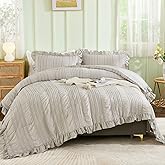 WONGS BEDDING Grey Textured Comforter Set King,3 Pieces Ruffle Farmhouse Shabby Chic Comforter for King Bed,Soft Seersucker Boho Bedding Set with 1 Ruffle Comforter,2 Tufted Pillowcases 104"×90"