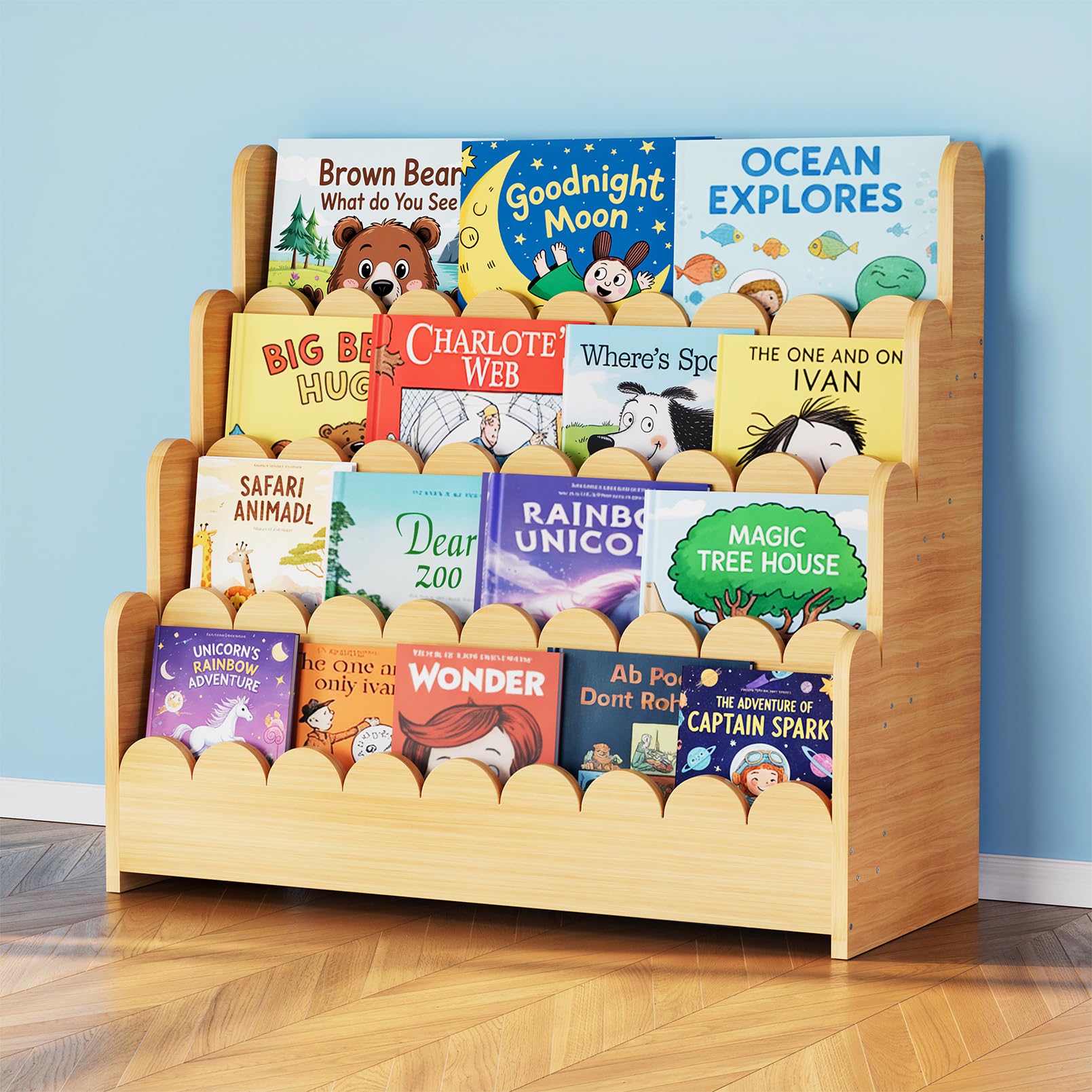 SpaceAid 4-Tier Scalloped Bookshelf, Montessori Bookcase for Toddlers, Wooden Book Shelf Organizer Display Furniture for Kids Rooms, Playroom, Nursery and Classroom, 29.6“ Wide, Natural