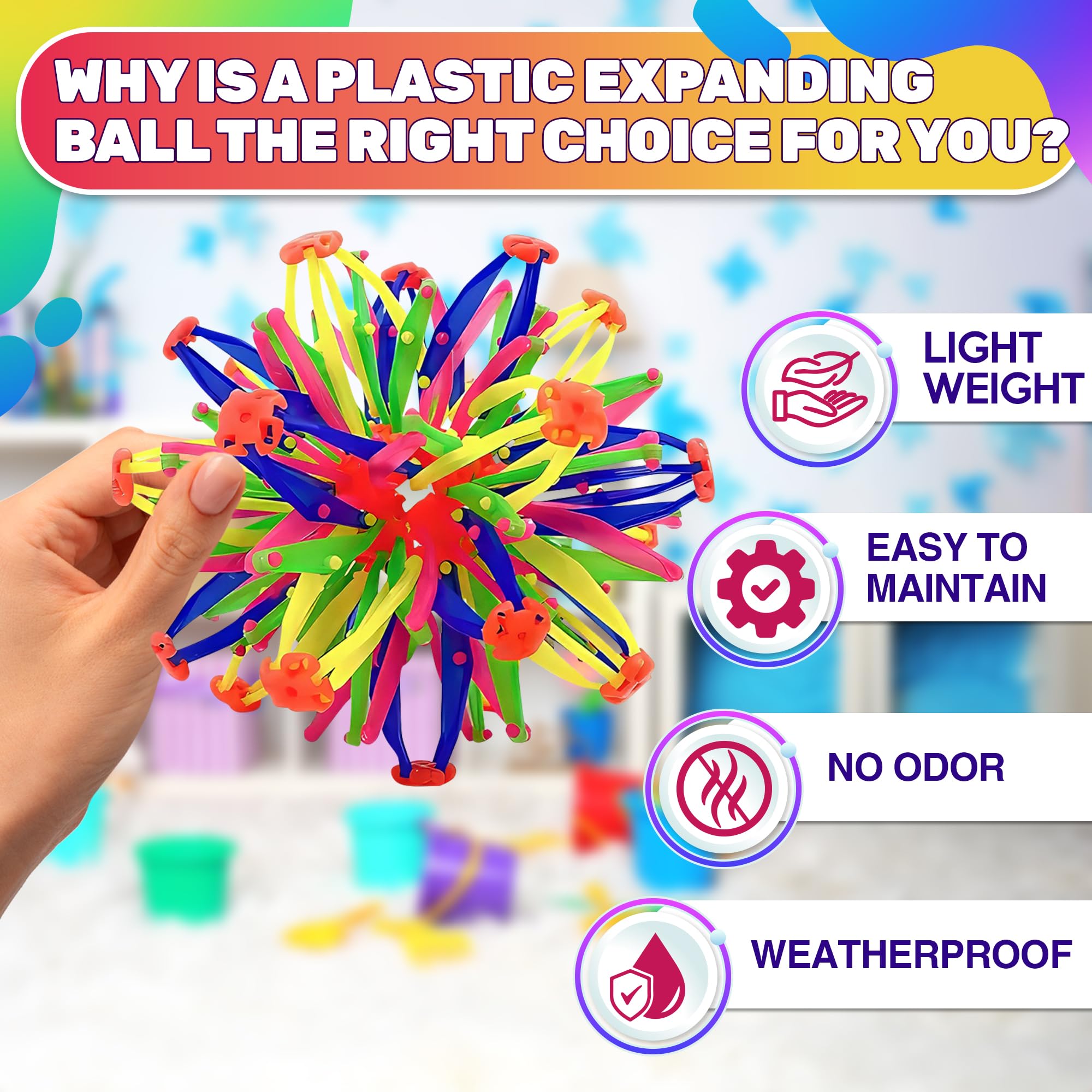 Expandable Breathing Ball for Stress Relief - from 5.5 to 10.2 inch Expandable Ball Sphere with Smooth Edges and Colorful Design - Weatherproof and Odor-Free Breathing Toy for Breathwork Exercises