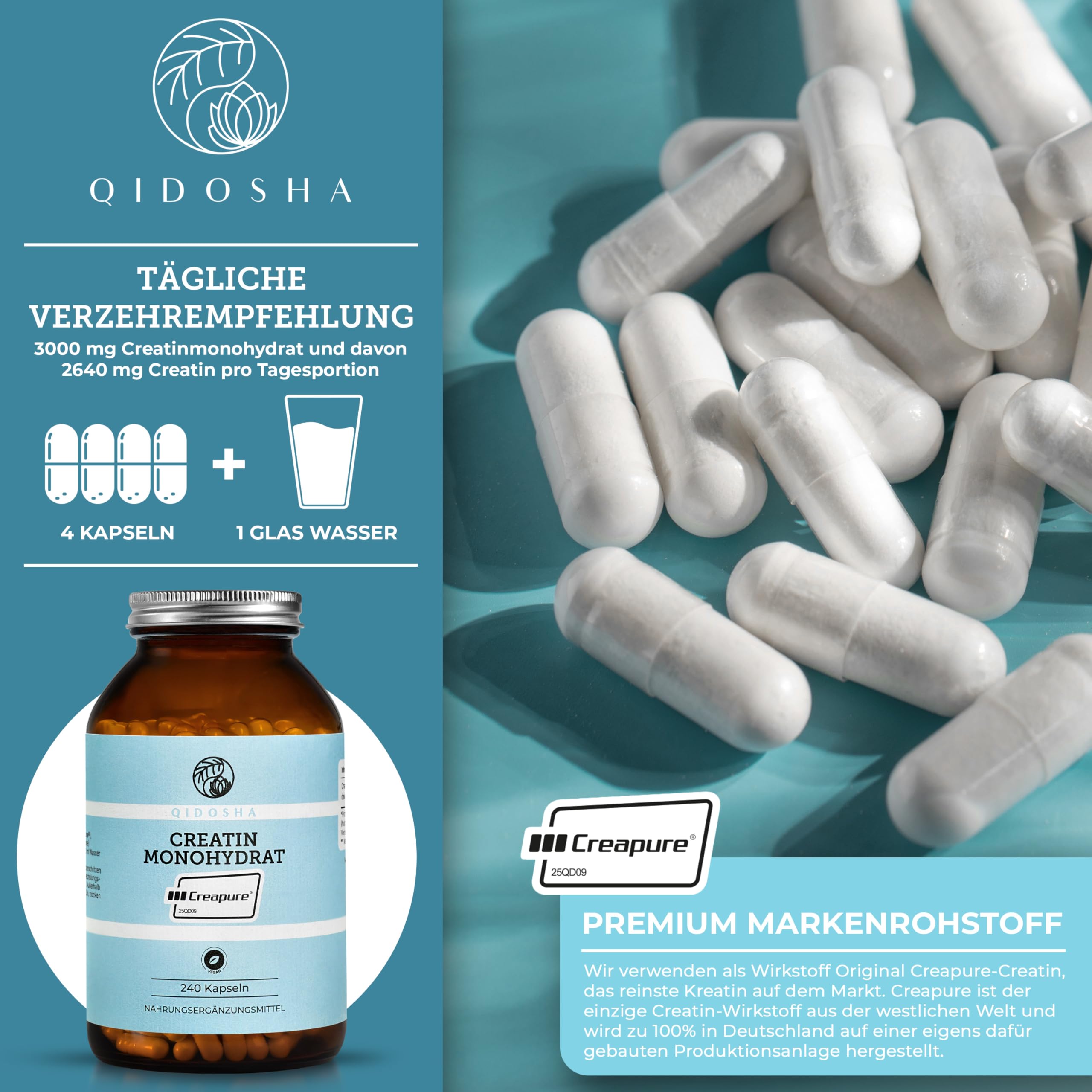 Creapure® Creatin Monohydrat von QIDOSHA®, 240 Stk im Apothekerglas, 750mg je Kapsel, jede Charge laborgeprüft, deutsche Fertigung 9