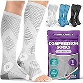 BraceAbility Compression Socks for Circulation - 20-30 mmHg Knee High Neuropathy Open Toe Stockings Best for Varicose Veins, POTS, Restless Leg, Toeless Support for Men or Women - 1 Pair (S - Gray)