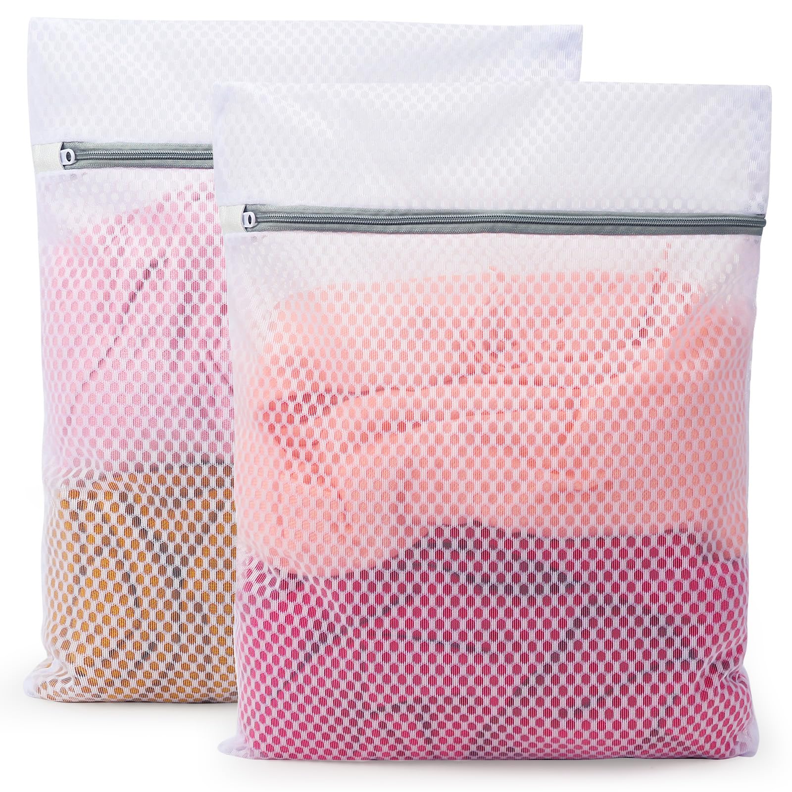 Vivifying Mesh Laundry Bag, 2 PCS Large Washing Machine Bag with Zip, 12 x 15 inch Coarse Net Washing Bag for Delicates,Clothes (White)