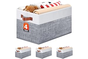 Fab totes Collapsible Storage Baskets for Shelves,14"x10", 4 Pack Foldable Fabric Storage Bins with Double Leather Handles, Large Baskets for Organizing Books, Clothes, White & Grey