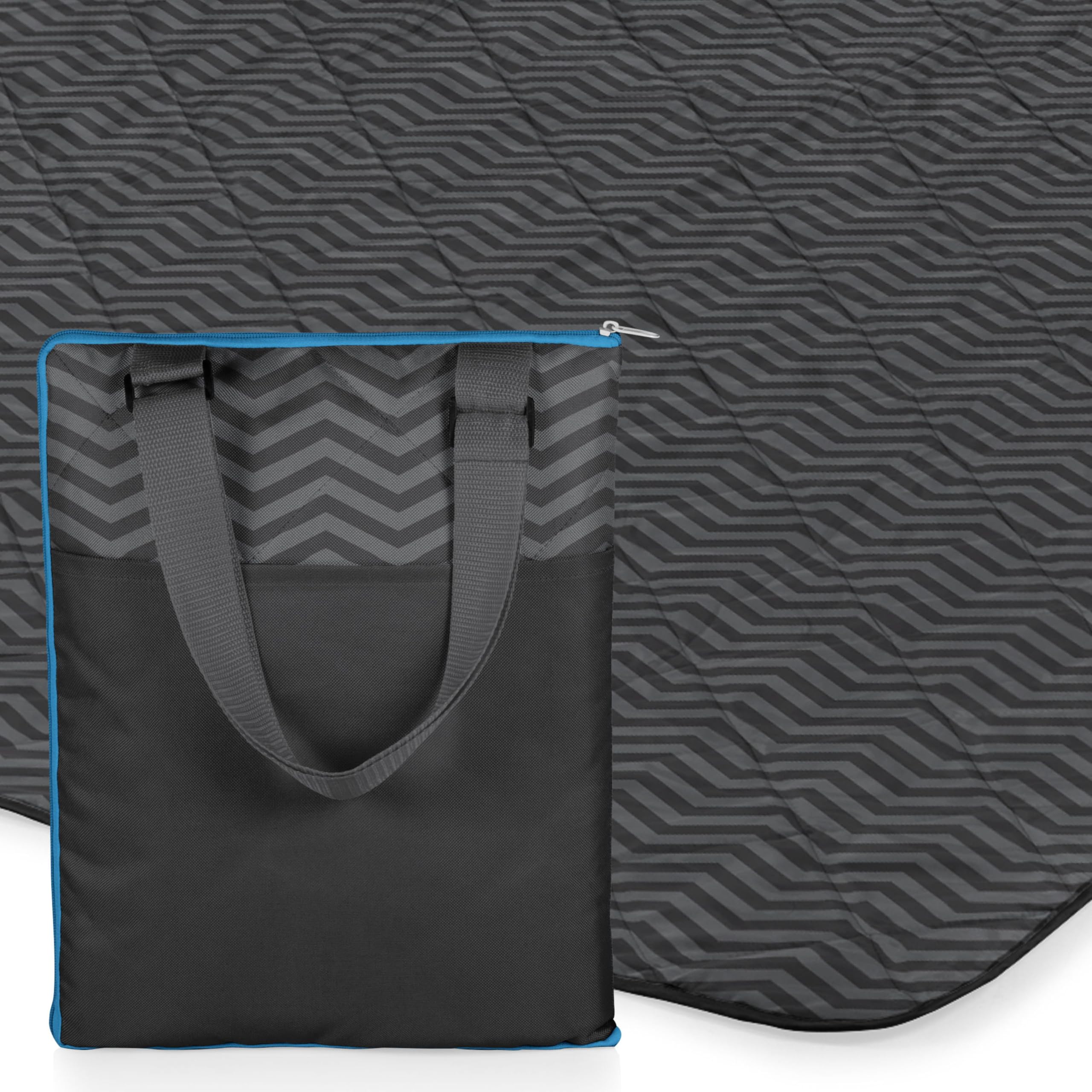 PICNIC TIME ONIVA - a brand - Vista Outdoor Picnic Blanket & Tote - Beach Blanket - Camping Blanket, (Waves Collection - Gray with Vista Blue Accents), Wave Collection, 16 x 11 x 3