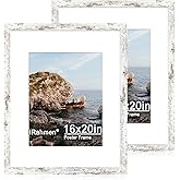 iRahmen 16x20 Picture Frame Set of 2 with Plexiglass, Distressed White Wood Poster Frame Display 11x14 Picture with Mat or 16 x 20 Without Mat for Photo Wall Mounting