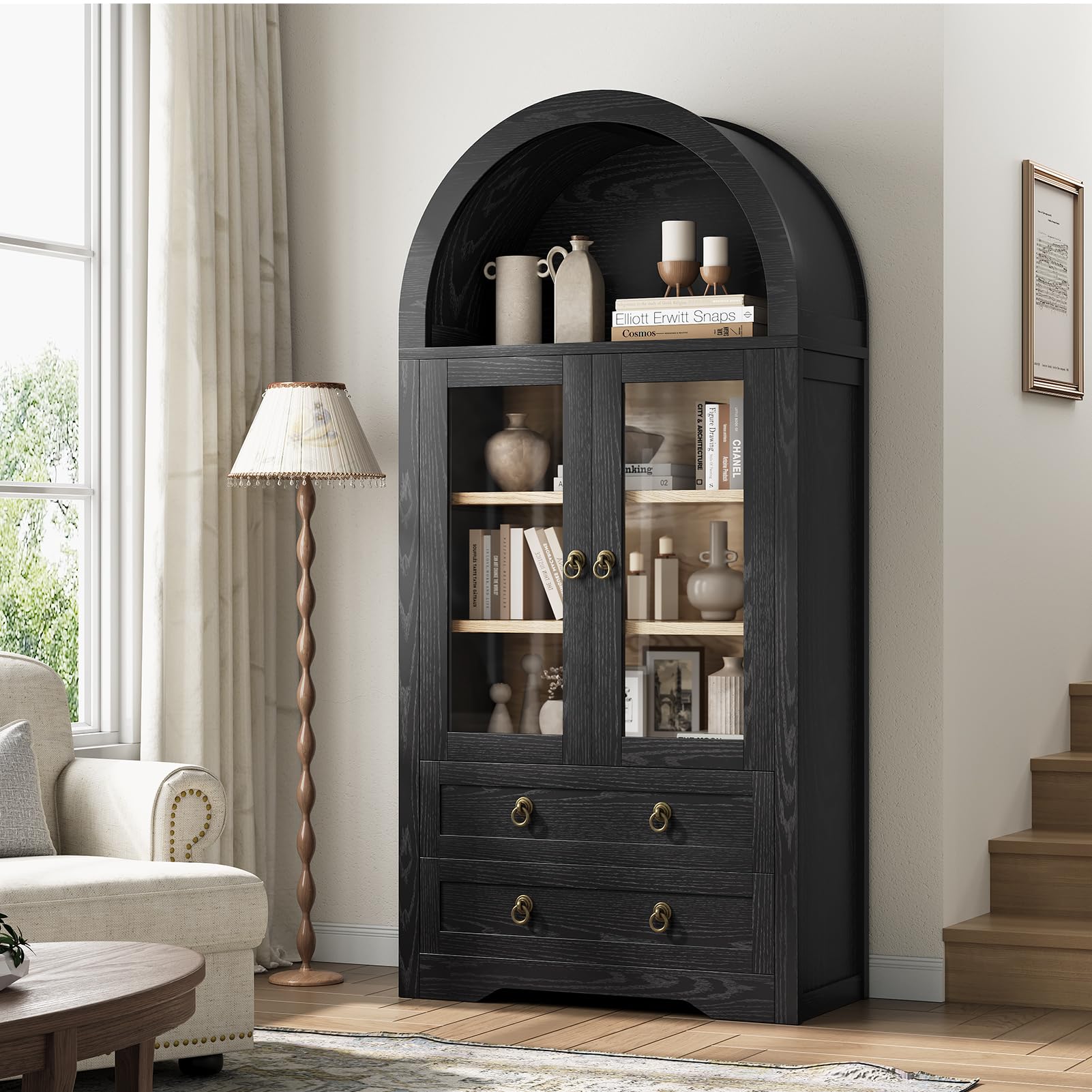 Photo 1 of 71" Arched Display Cabinet, Brown Bookcase with Clear Acrylic Doors, Kitchen Storage with 3 Adjustable Shelves, Farmhouse Hutch Dollar with 2 Drawers Cabinet for Living Room, Dining Room, Bathroom