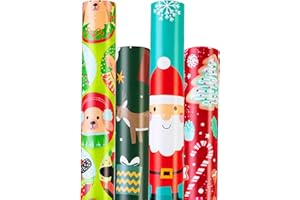 CHERUBFUNZ Christmas Wrapping Paper (4 Rolls: 93 sq. ft. ttl) Santa Claus Carrying Gifts, Candy Cane, Reindeer, Christmas Tree/Bell, Dogs Pattern- Christmas Elements Collection - 17 inches x 16.5 feet Per Roll