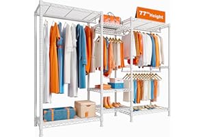 Raybee Clothes Rack Heavy Duty Clothing Racks for Hanging Clothes 77"H Tall Clothes Rack Load 725Lbs Metal Clothing Rack Heavy Duty Garment Rack Adjustable Clothes Rack,77" H x 70.5" W x 13.8" D,White