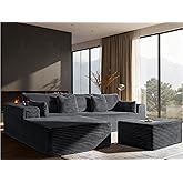 VYUXWO 108" Oversized Cloud Sectional Couch, Comfort U Shaped Boneless Couch for Living Room, Extra Deep Seats No Assembly, Modular Sofa, Corduroy (Dark Grey, 2 Seater + Left Facing Chaise + Ottoman)