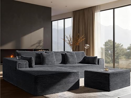 VYUXWO 108" Oversized Cloud Sectional Couch, Comfort U Shaped Boneless Couch for Living Room, Extra Deep Seats No Assembly, Modular Sofa, Corduroy (Dark Grey, 2 Seater + Left Facing Chaise + Ottoman)