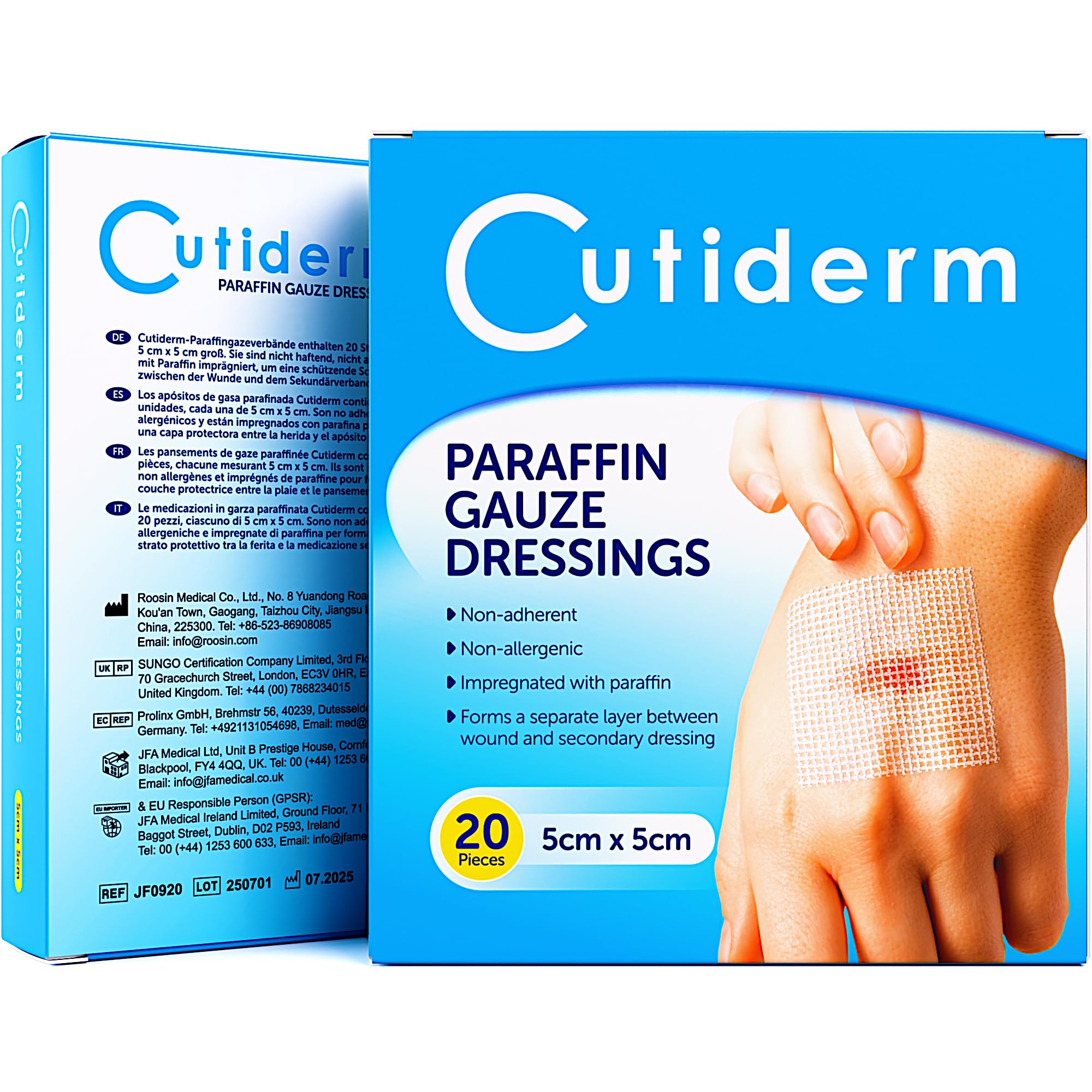 Pack of 20 Cutiderm Sterile Paraffin Gauze Dressing 5cm x 5cm - Suitable for Superficial and Partial Thickness Burns, Skin Loss Wounds, abrasions and Traumatic Injuries