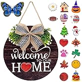 Interchangeable Seasonal Welcome Sign Front Door Decorations, Round Wood Wreath for Outdoor, Farmhouse, Porch Perfect for New Home Housewarming Gift, Valentine's, Easter, Christmas Home Decor