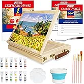 Portable Tabletop Easel Set, 24-Piece Art Kit with Canvas Boards & Stretched Canvas, 12 Acrylic Paints, Brushes, Palette, Scraper, Cleaning Bucket – Travel Painting Easel for Adults, Kids, Beginners