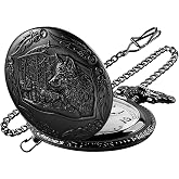 Tiong Vintage Pocket Watch Engraved Cowboy Skull Wolf 3D Pattern Arabic Numerals Quartz Pocket Watch with Chain Best Gifts