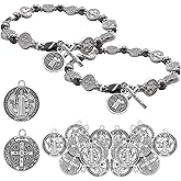 Aswitnove 2 Pcs Silver Saint Benedict Medal Rosary Bracelet with 30 Pcs St Benedict Medals Bulk Set Hematite Catholic Amulet for Women Men, 8 Inch