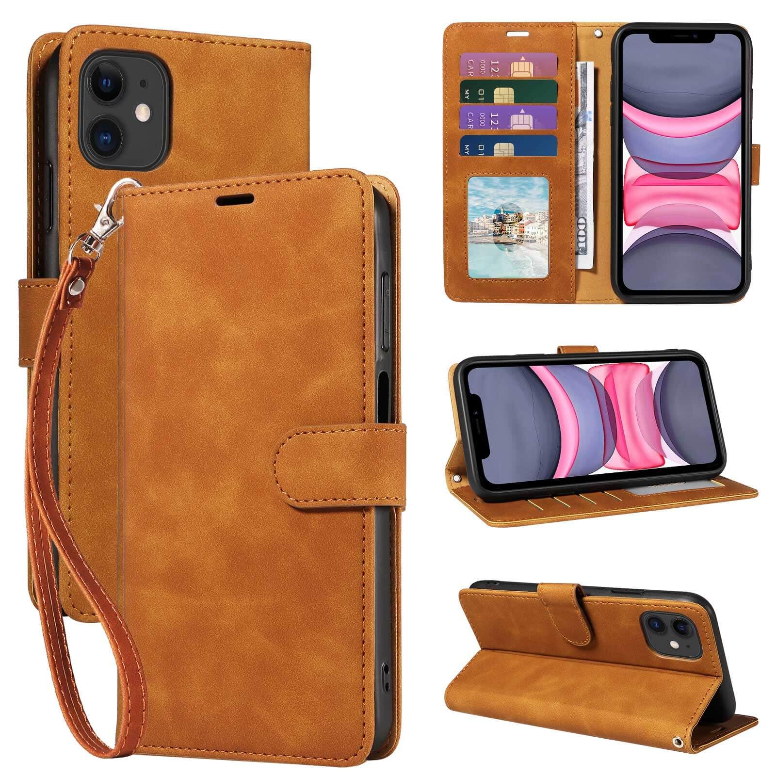 GOTOURED for iPhone 11 Phone Case Wallet, RFID Blocking 4 Card Slots, Wrist Strap, Kickstand, Magnetic Closure, Shockproof Protective Soft Leather Flip Cases Cover for iPhone 11 (Brown)