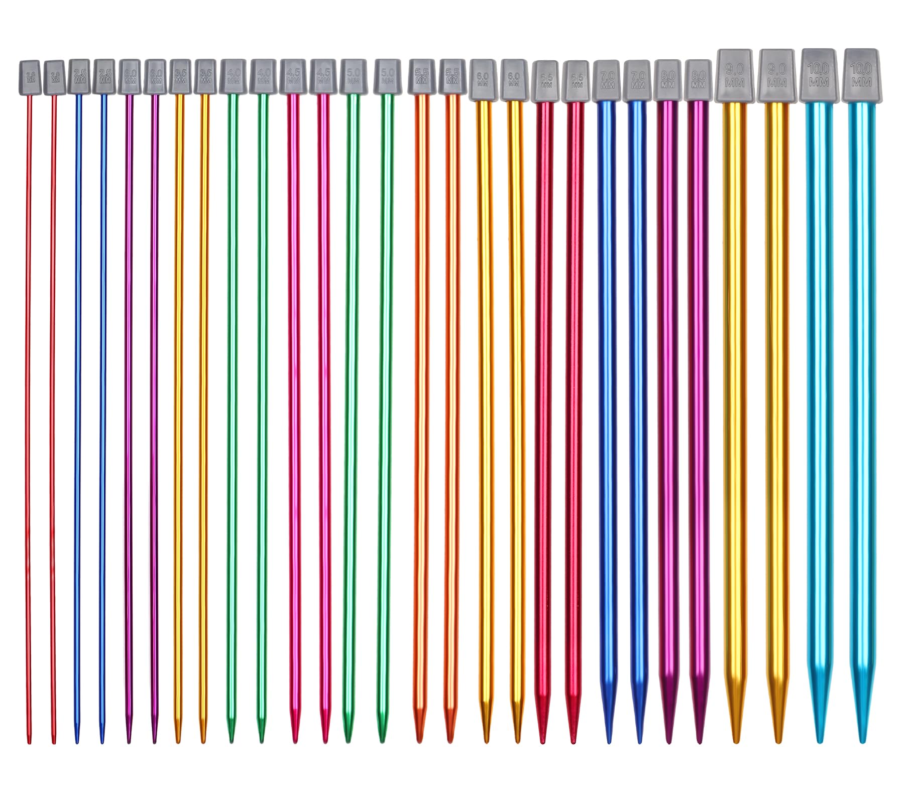 Aeelike Knitting Needles Set 25cm, 14 Pairs of Coloured Metal Aluminium Short Knitting Needles Set 2mm-10mm for Beginners Adult, Kids and Arthritic Hands