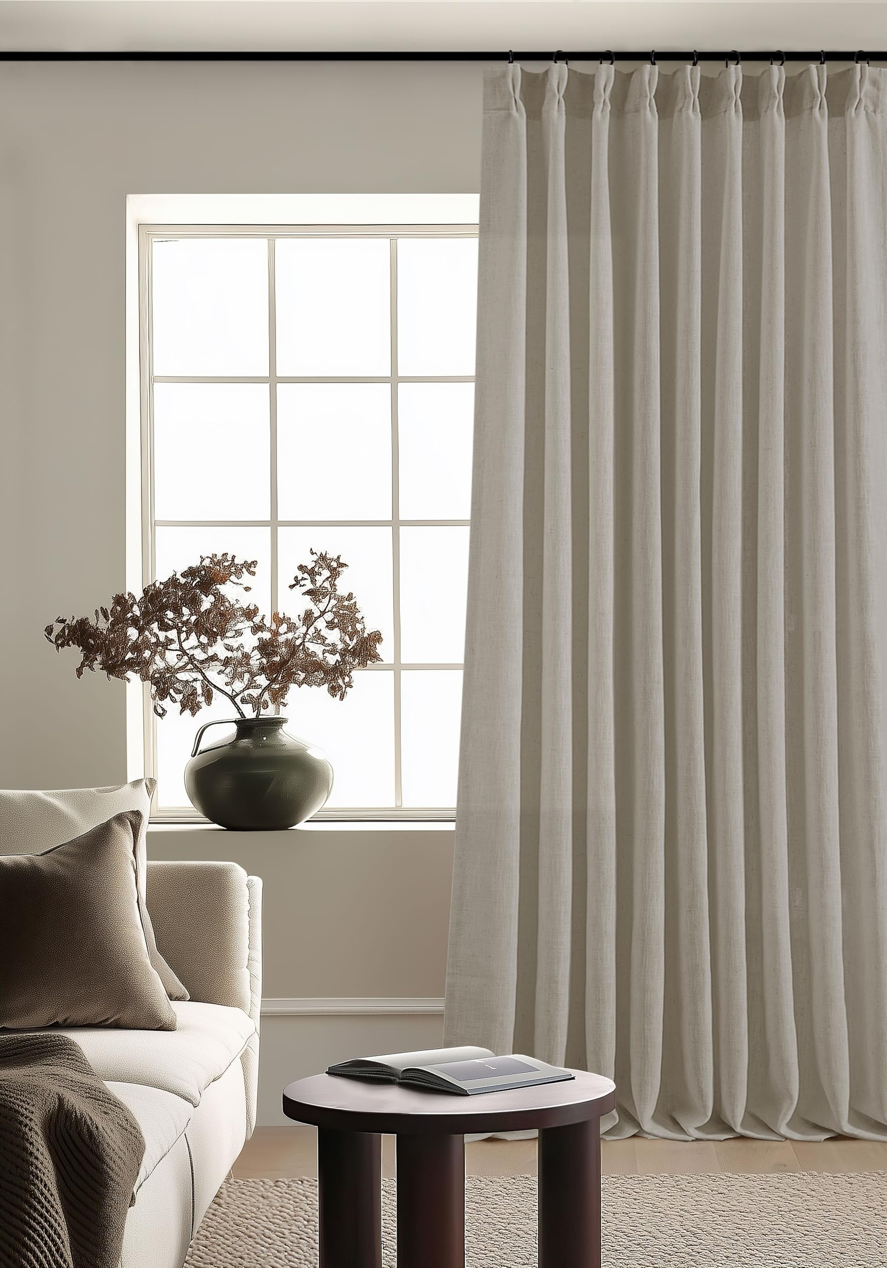Photo 1 of Burlywood Taupe Pinch Pleated Linen 108 Inch Curtains 60 Inch Width for Living Room Divider Light Filtering Semi Sheer Extra Wide Patio Curtains for Sliding Door Floor Ceiling Picture Window 60x108