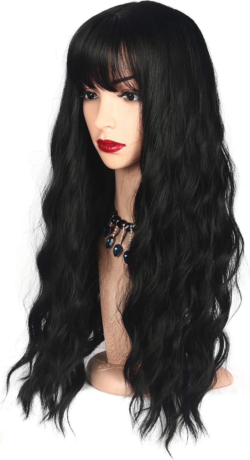 Chisu Synthetic Wigs With Bangs For Women Glueless Wigs Long Wavy Style Wig Middle Part 26inches Black Color - Image 5
