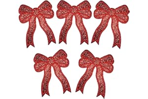 CY 5pcs Red Glitter Sequin Bow Embroidered Patches - Iron On or Sew On - Glamorous DIY Decorative Accessories for Girls Women Clothes Backpacks Jackets