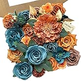 FACINOC Roses Artificial Flowers Bouquet Box Set Fake Flower for DIY Bridal Wedding Shower Decorations Centerpieces for Table Faux Silk Floral Arrangement for Party Home Decor Indoor Teal Orange