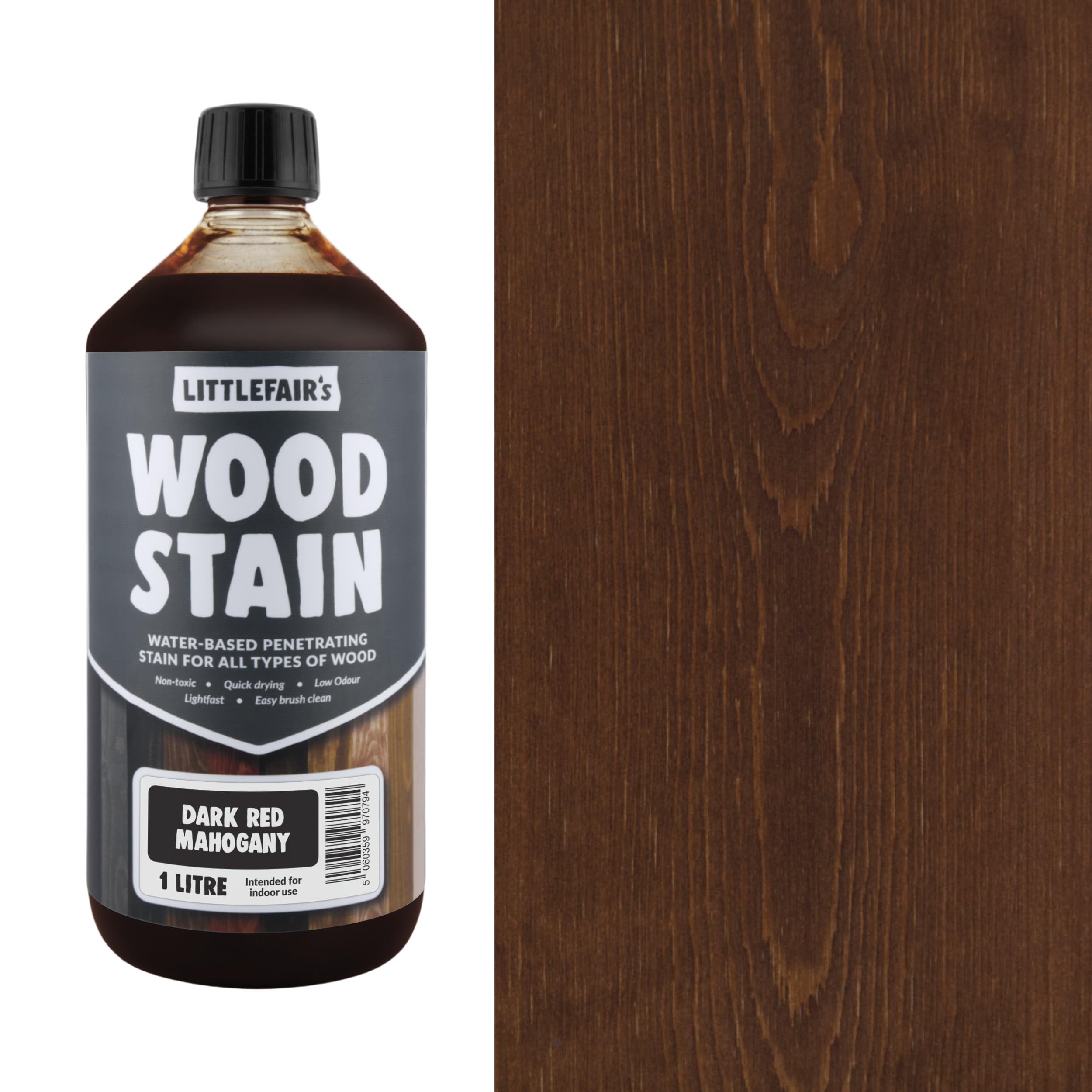 Littlefair's Wood Stain Water-Based - (Dark Red Mahogany) – Non-Toxic, Eco-Friendly & Quick Drying - Easy-to-Apply, Concentrated Formula for All Wood Types – 1 LTR