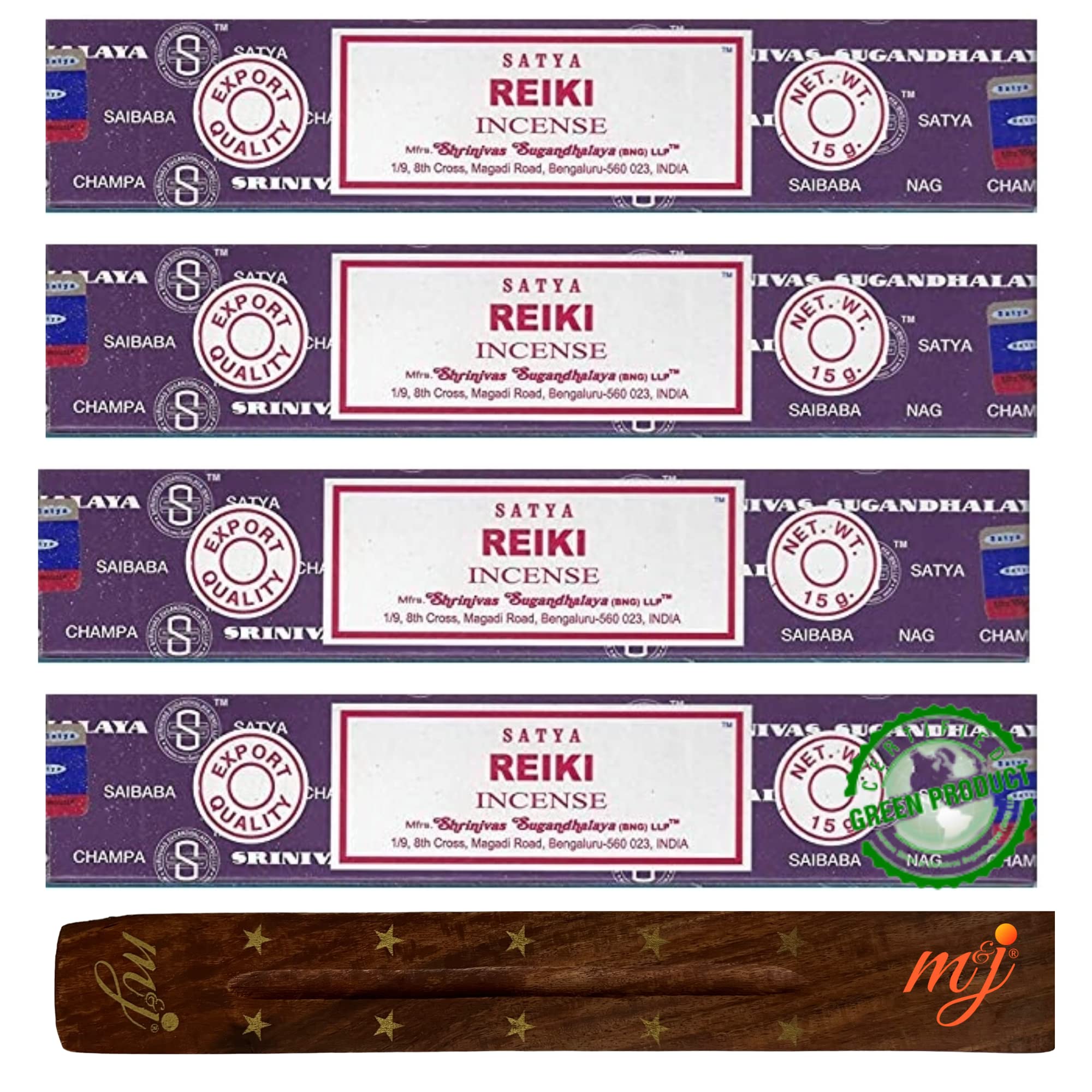 Original Satya Nag Champa Reiki Incense Sticks | with M&J incense sticks holder | x4 pack | for Aromatherapy, Spa, Yoga, Weddings, Meditation, Healing, Positivity and Relaxation — image 1