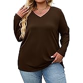 Halife Women's Plus Size V Neck Tshirts Spring Long Sleeve Tops Casual Loose Fit Tee Shirts Tunics XL-5X