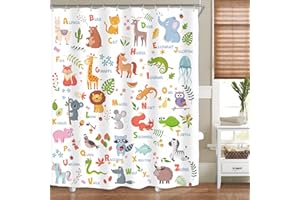 Riyidecor Kids Alphabet Shower Curtain for Bathroom Decor 60Wx72H ABC Daycare Educational Cute Cartoon Animals Colorful Funny Girls Boys Art Printed Fabric Polyester Waterproof 12 Pack Plastic Hooks
