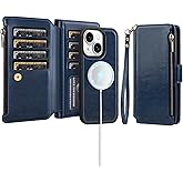 Antsturdy Compatible with Magsafe Magnetic 2 in 1 Detachable iPhone 14 Wallet Case with Credit Card Holder Slots,PU Leather Flip RFID Blocking Phone Cover Wrist Strap Zipper Women Men,Dark Blue