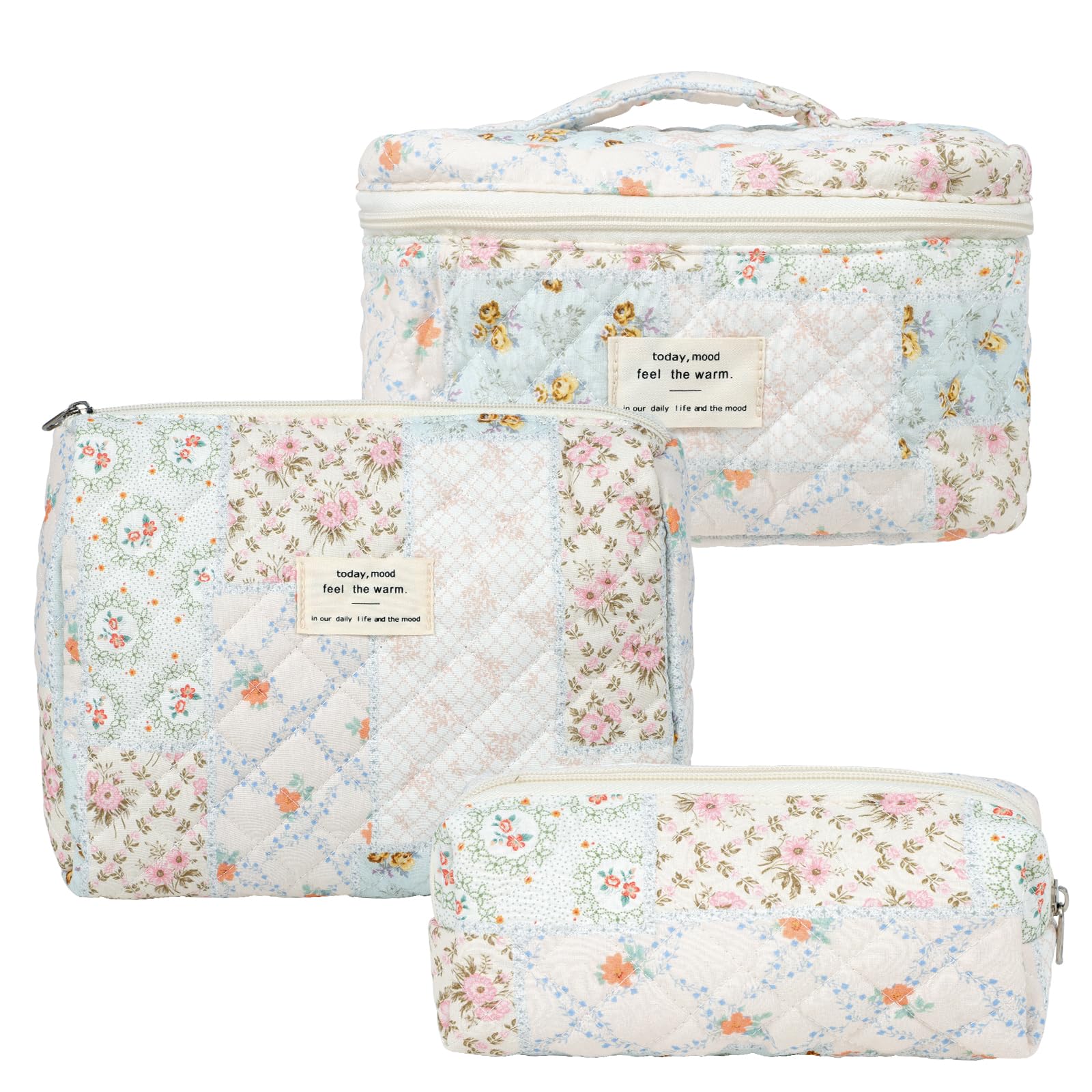 Wellehomi Floral Makeup Bag, Travel Quilted Large Make Up Bag Cosmetic Pouches Cotton Skincare Pouches for Women Girls, Yellow Floral