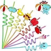 24 Pool Beach Party Favors Bags Decorations Silly Twisty Straws for Kids, Summer Birthday Drinking Straws, End of Year Students Gifts Bulk from Teacher