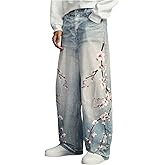 WDIRARA Men's Floral Baggy Jeans Wide Leg Denim Pants Hip Hop Streetwear